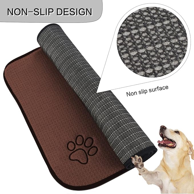 SINLAND Microfiber Pet Bowl Mat Dog Cats Feeding Mats for Food and Water Dish Drying Mat with Anti-Skid Backing 14.2Inch x 24Inch Brown