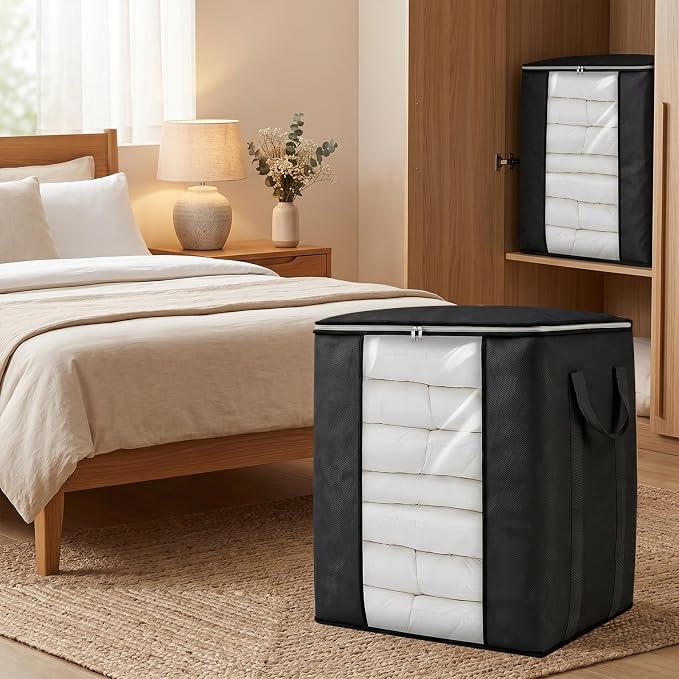 Blanket Storage Bags 120L for Comforter Clothes Bedding 2 Pack Black | Breathable 100 gsm Fabric, Clear PVC Window, Heavy-Duty Metal Zipper, 2 Reinforced Handles, Foldable for Closet Storage