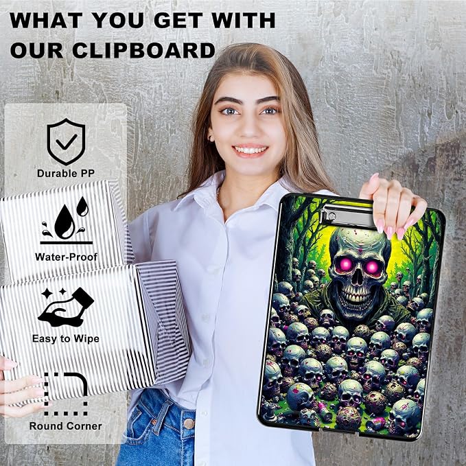 Heavy Duty Storage Clipboard, Slim Nursing Clipboard with Internal Pen Case, Portable File Organizer Case for A4 Letter Size Paper Office Medical Professionals, Forest Skull