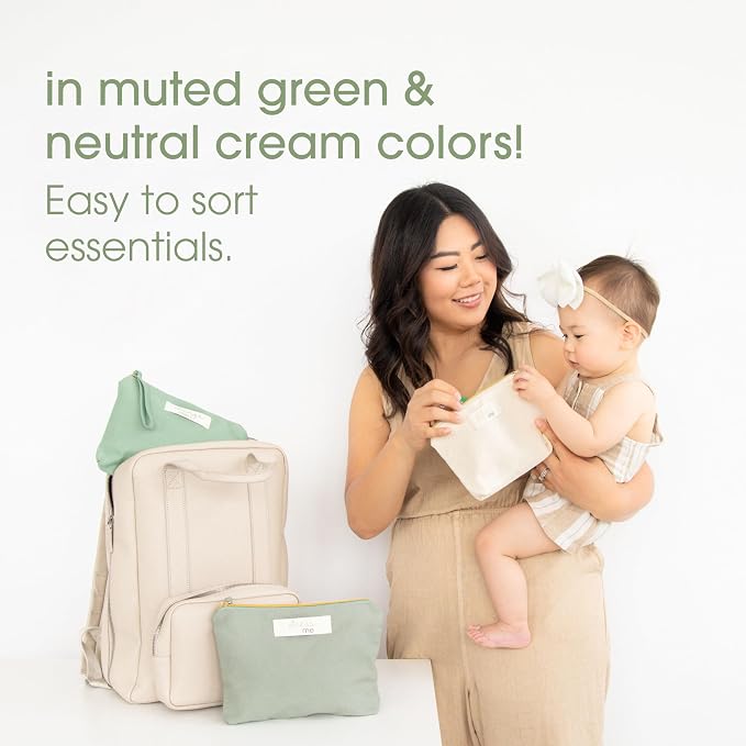 Pearhead Baby Diaper Bag Organizing Zipper Pouches, Set of 3 | Feed Me Change Me Dress Me, Recycled Cotton, Gender-Neutral New Mom Essentials, Zip Bags, Organized in Style