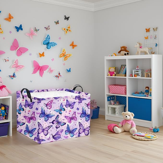 Rectangular Butterfly Basket Baby Storage Basket Storage Bin Organizer Box Room Decor(Purple Butterfly)
