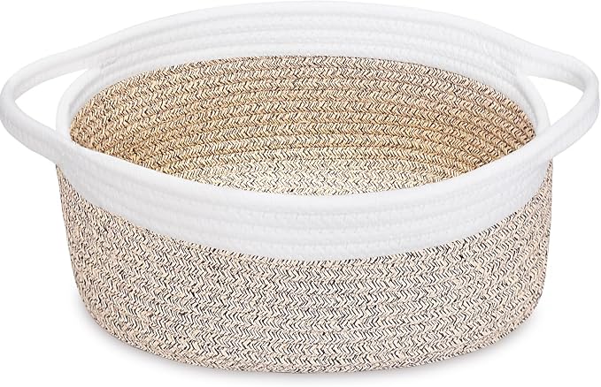 ABenkle Small Basket with Handles, Boho Decorative Rope Woven Dog Cat Toy Storage Bin Shelf Storage Organizer, Easter Christmas Gift Basket, 12"x8"x5", Mixed Brown