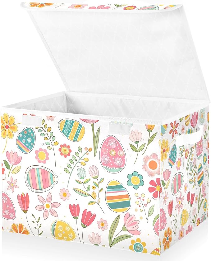Easter Flower Eggs Storage Bins with Lids and Carrying Handle,Foldable Storage Boxes Organizer Containers Baskets Cube with Cover for Home Bedroom Closet Office