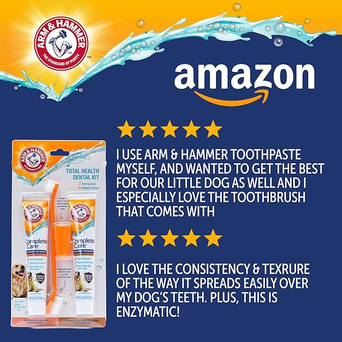 Arm & Hammer Complete Care Dog Dental Kit with Two Flavors: Chicken & Peanut Butter Enzymatic Dog Toothpaste, Toothbrush, & Finger Brush, Baking Soda + Calcium, 2.5oz Each