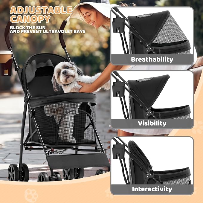 Magshion Compact Fold Pet Travel Stroller for Small Dogs Cats, Black | Up to 22lbs, 4-Wheel Lightweight Umbrella Shaped Design, Safety Tethers, Breathable Mesh, Cup Holder & Rear Storage