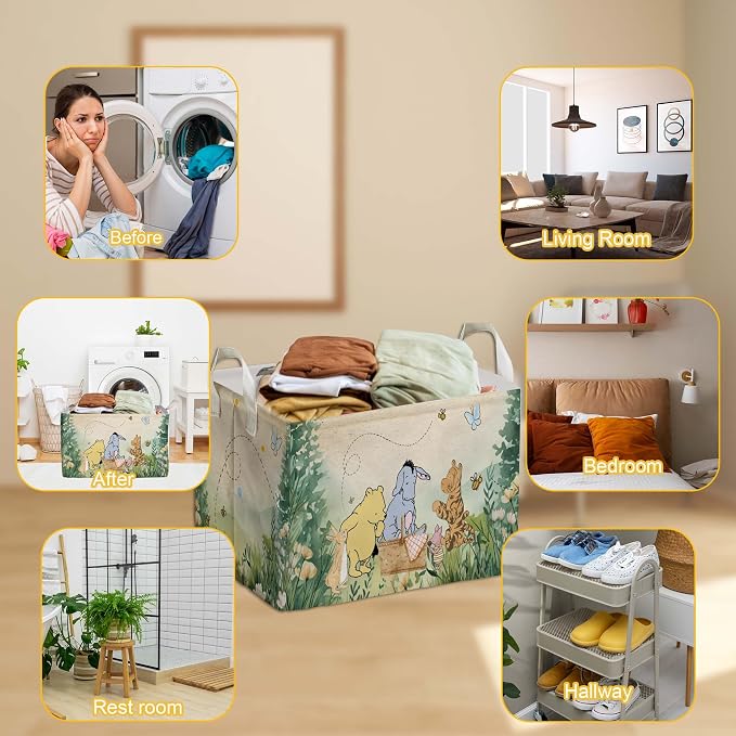 Winnie Nursery Decor, the Pooh Baby Stuff, Winnie Storage Nursery Basket, Large squarecanvas Laundry Hamper With A Waterproof PECoating, Foldable, Toys Bin, Baby Nursery HamperDecor, Classic