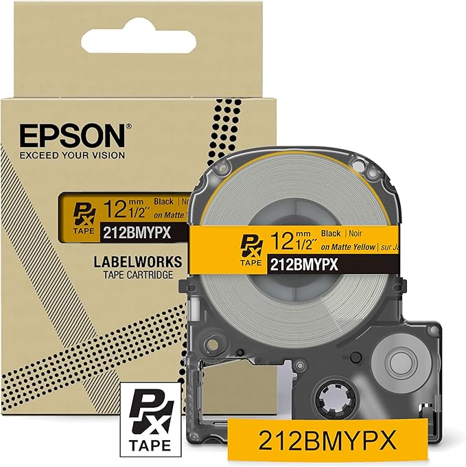 Epson LABELWORKS 212BMYPX Label Tape - Black on Matte Yellow - 1/2" (12mm) | Genuine Epson designer craft PET tape for LW-C410PX & C610PX, decorative finish for crafts & decor