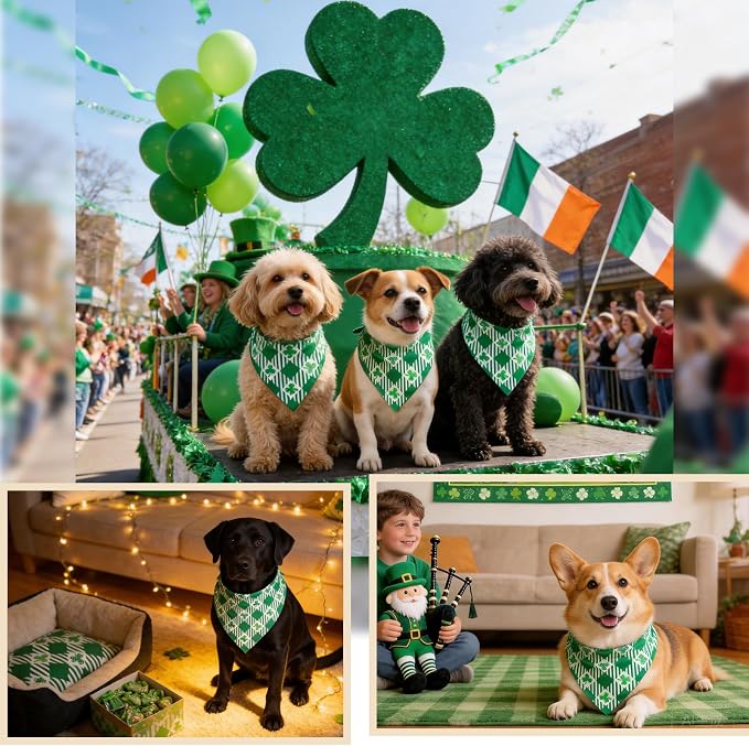 St Patricks Day Dog Bandanas Plaid Shamrock 3 Leaves - Pet Scarf with Adjustable Snap Button Cute Lucky Holiday Costumes for Irish Festivals, Medium & Large Breeds (30-75lbs)
