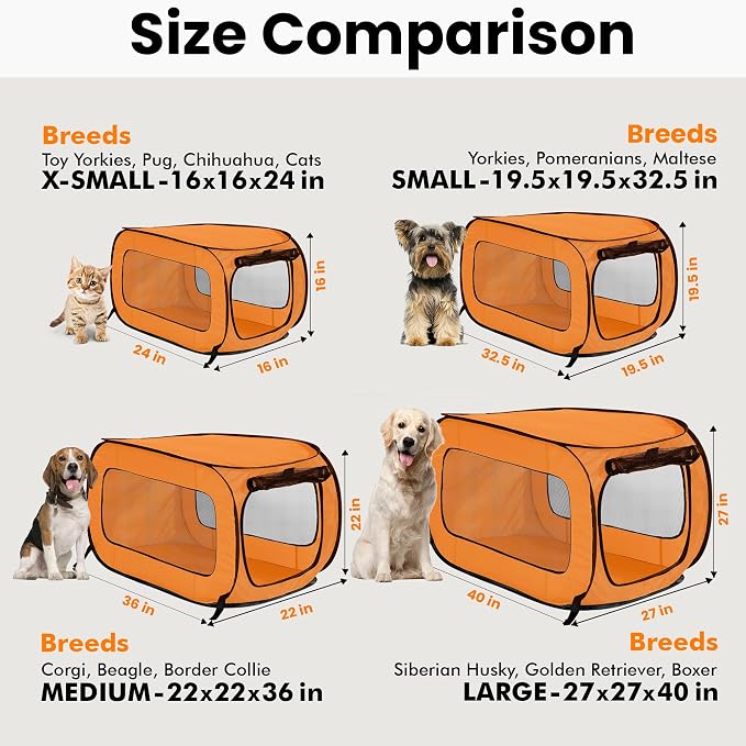 Portable Collapsible Pop Up Kennel, 40" L x 27" W x 27" H, Orange | Collapsible indoor/outdoor travel cat and dog crate with mesh screen windows pops up and folds flat for easy storage