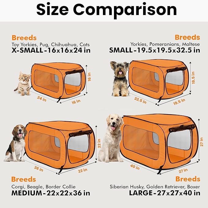Portable Collapsible Pop Up Kennel, 36" L x 22" W x 22" H, Orange | Collapsible indoor/outdoor travel cat and dog crate with mesh screen windows pops up and folds flat for easy storage
