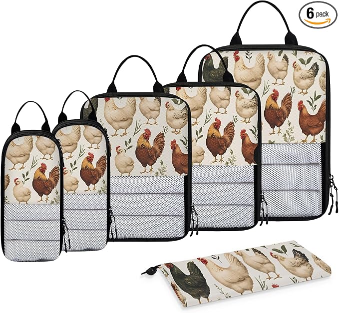 Chicken 6 Set Compression Packing Cubes Hen And Chicken Expandable Packing Organizer for Travel Accessories Luggage Suitcase Bag