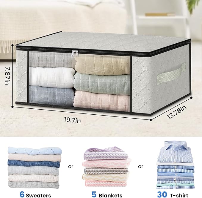 HomeHacks 6-Pack Clothes Organizer Storage Bags, 35L Storage Bins, White | Foldable Storage Box Container with Zippers, Clear Window, Reinforced Handles for Closet, Dorm, Pillows, Bedding, Sweater