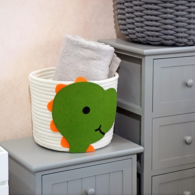 T&T Homewares Small Cotton Rope Baskets with Dianosaur Theme Design for Baby Diaper Organizer, Nursery Storage, Nursery Room Decor, Kids Room Organizer, Cat Dog Toy Storage (Small Dinosaur)
