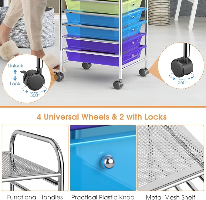 10 Drawer Rolling Storage Cart, Organization Cart with Drawers for Craft Makeup Paper Tool Art Supply, Versatile Utility Cart on Wheels for Home Office Classroom School (Rainbow)