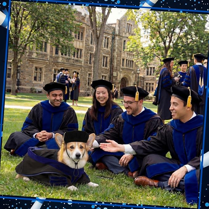 Huhumy 3 Pcs Dog Cat Graduation Doctoral Costume Set, 2026 Pet Phd Graduation Cap and Deluxe Doctoral Gown with Hood Side Tam Puppy Kitty Dogs Grad Holiday Party Costume Accessory(Royal Blue,L)