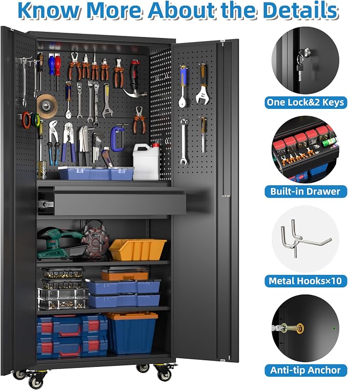 Reemoon Garage Storage Cabinet with Wheels and Doors,Lockable Metal Storage Cabinet with Drawer Pegboard and Hooks for Garage Warehouse Home,Required Assembly,Black,71" H×15" D×30" W