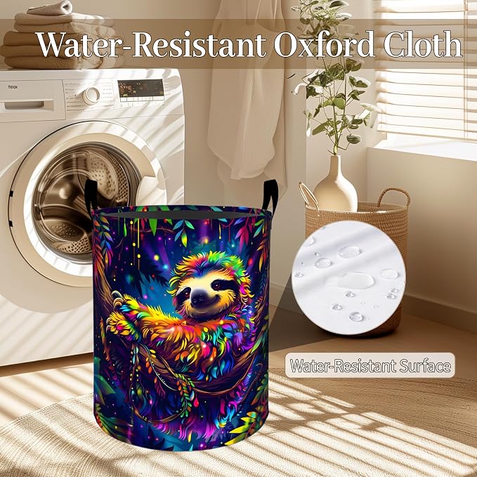 Colorful Sloth Laundry Basket, Mystical Jungle Foldable Oxford Cloth, Waterproof Dirty Clothes Hamper with Handles, Clothing Storage Bin Toy Organizer for Bedroom Dorm Bathroom, 19.7"x15.7"