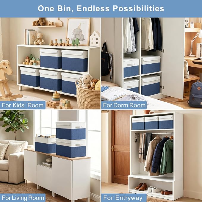 Large 22 Quart Linen Fabric Foldable Storage Bin Cube Organizer Basket with Flip-Top Lid & Handles, Clothes Blanket Box for Home, Office, Closet, Navy Blue & White, 4 Pack 14.6 x 9.5 x 9.5