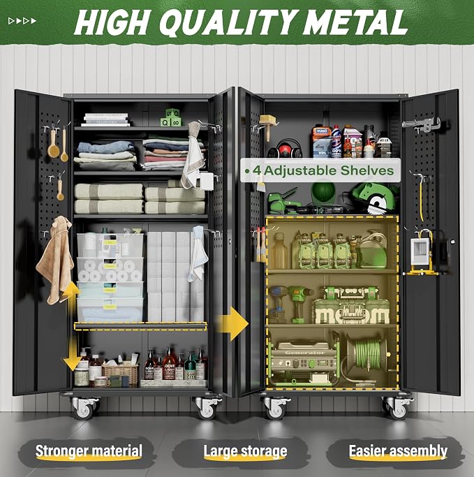 Greenvelly Metal Storage Cabinet with Wheels, 72" Black Garage Rolling Cabinet with Doors and 4 Shelves, Steel Locking Cabinets Tall Tool Lockable Storage Cabinets for Basement, Pantry, Home Office