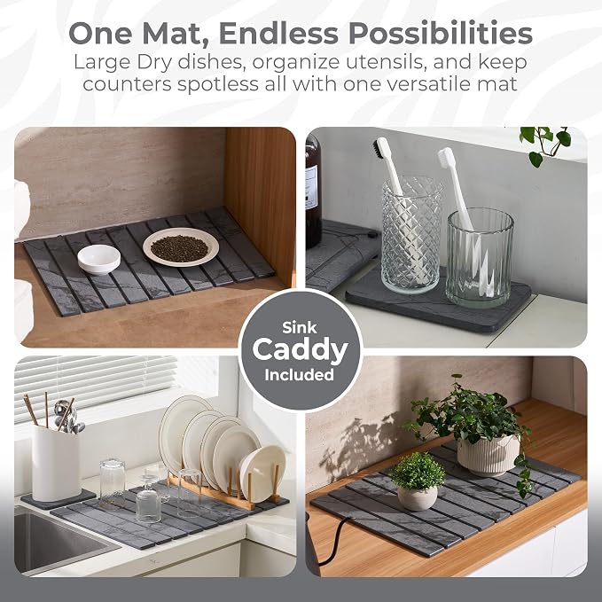 Drying Matt Kitchen Counter,Large Stone Dish Drying Mat for Kitchen Counter,Foldable Water Absorbing Diatomaceous Earth Drying Organizer Pad for Kitchen Utensils(Dark Gray 24"×16" & 8"x4")