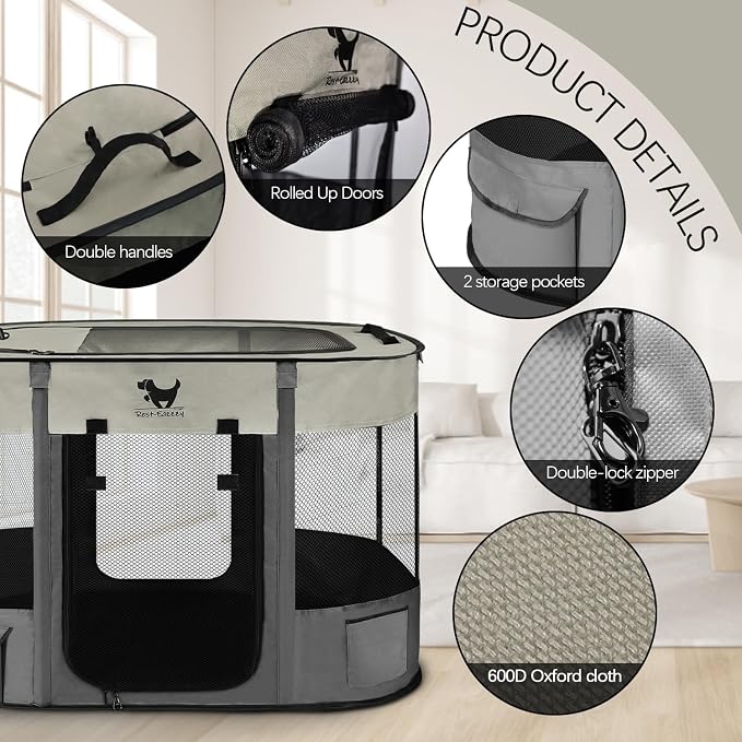 Dog Playpen, Foldable Kitten Playpen for Medium Dogs, Portable Pet Puppy Playpen with Removable Shade Cover, Indoor Outdoor Travel Camping Use for Small Pets with Carrying Case (XL, Grey)