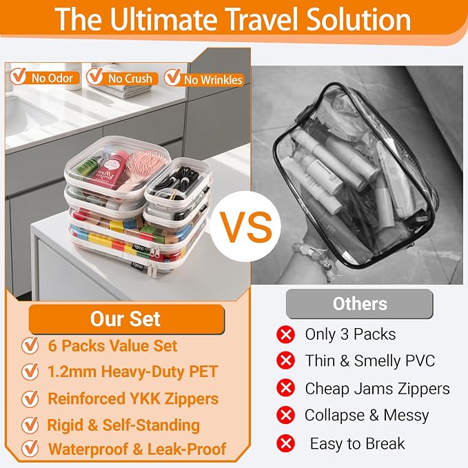 YQBRAO Clear Hard Shell Zipper Cases, Diaper Bag Organizer Pouches, White | Rigid clear shells in three practical sizes organize toiletries, cosmetics, cables, stationery and household essentials