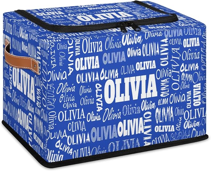 Custom Rectangle Storage Basket Zipper Lid, Personalized Name Navy Blue Organizer Bin for Pet/Children Toys, Books, Clothes, Perfect for Rooms/Playroom