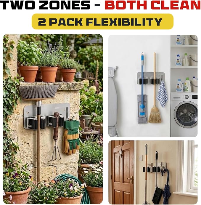 2 Pack Wall Mount Hanger for Brooms & Mops - Heavy Duty Adhesive Stainless Steel Utility Holder for Mops & Brooms, 2 Clamps, 1 Hook, & 4 Towel Hangers for Cleaning Organization & Storage