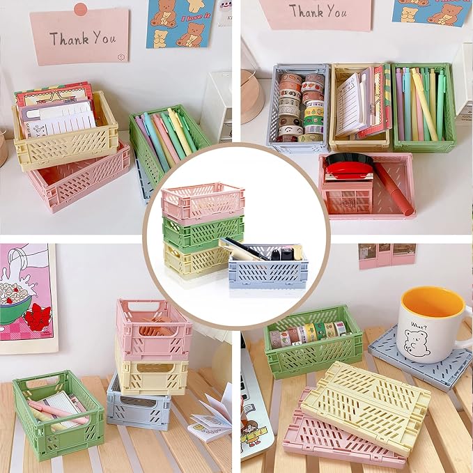 4 Pack Mini Foldable Plastic Small Baskets for Organizing and Storage, Collapsible Storage Crate for Home Bedroom Office Classroom Drawer Organizers (5.9x3.9x2.2in) Mini Size