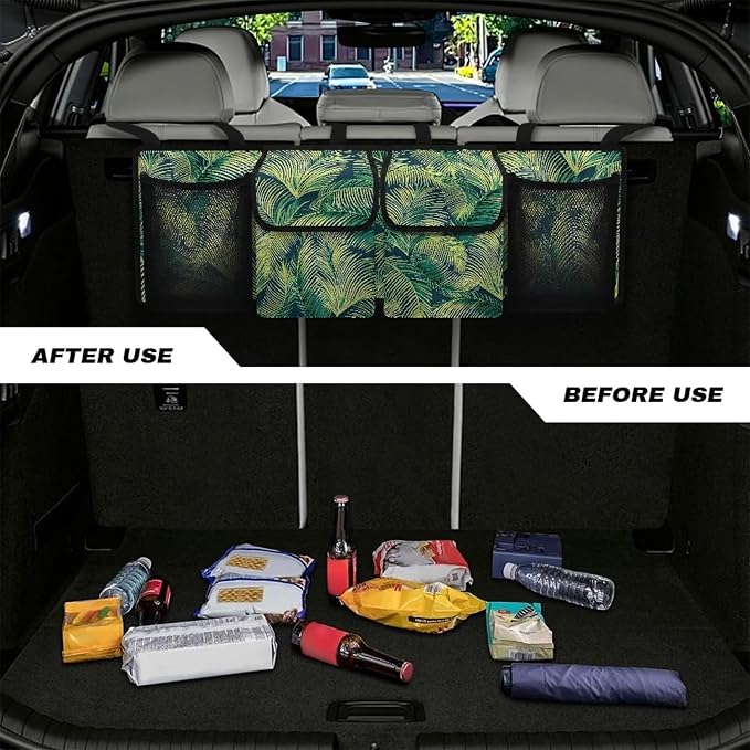 Dreaweet Trunk Organizer for Car Women Green Palm Leaf Print Trunk Organizers for SUV with 4 Pockets Collapsible Trunk Storage Organizer Backseat Hanging Car Organizer for Sedan Truck Van