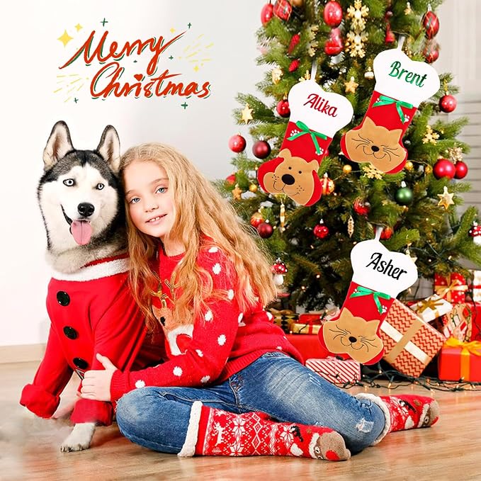 Personalized Christmas Stockings for Dogs Cats, Custom Pet Christmas Stockings with Embroidered Name, Red Bone Pet Xmas Stockings for Holiday Decoration (2 Pcs)