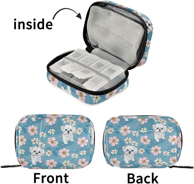 Fustylead Cute Cartoon Maltese and Daisy Flowers Pill Organizer Travel Bag, Small Portable Pill Case Cute for Vitamin Fish Oil Supplements Medicine Organizer with Zipper