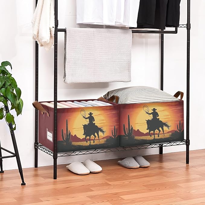 Sunset Western Cowboy with Horse Storage Basket Foldable Cube Storage Bins with Handles&Label Collapsible Organizer Box Bin Large Rectangle Decorative Baskets for Shelves Home Living Room Closet
