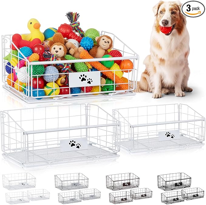 3 Pack Metal Dog Toy Baskets Multi-sized Foldable Dog Toy Bins Box Storage Container Organizer for Living Room Area Decorative Pet Accessories Coat Clothing Storage Holder Baskets(White)