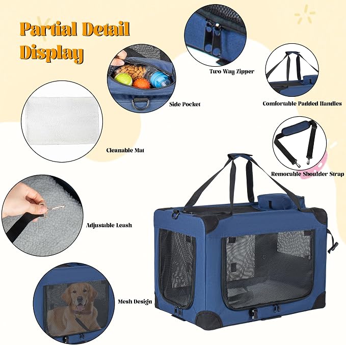 2 in 1 Rolling Dog Crate with Wheels, 24'' Collapsible Travel Pet Carrier for Medium Large Dogs, Portable Folding Kennel with 3-Door Design & Mesh Windows (Dark Blue + 36'')