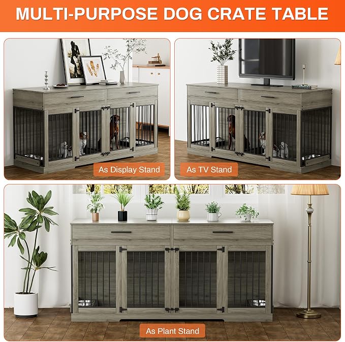 Rophefx 72" Double Dog Crate Furniture with Drawers and Divider, Grey | Wooden dog kennel for 2 medium dogs with 2 drawers, removable divider, 4 bowls and TV stand top