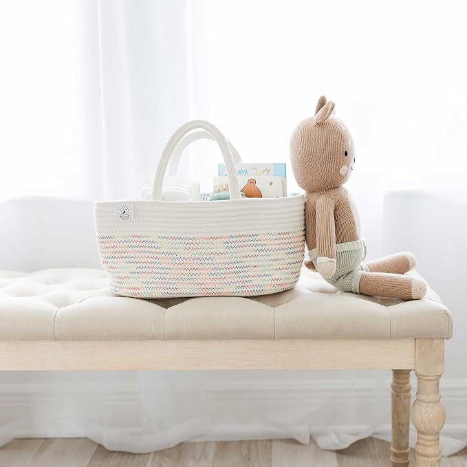 OrganiHaus Rope Diaper Caddy Organizer, Nursery Basket, Stitches Rainbow | Woven handles; a toy bin, laundry bin, or newborn essentials storage; great for car, baby shower gifts, or bedroom decor