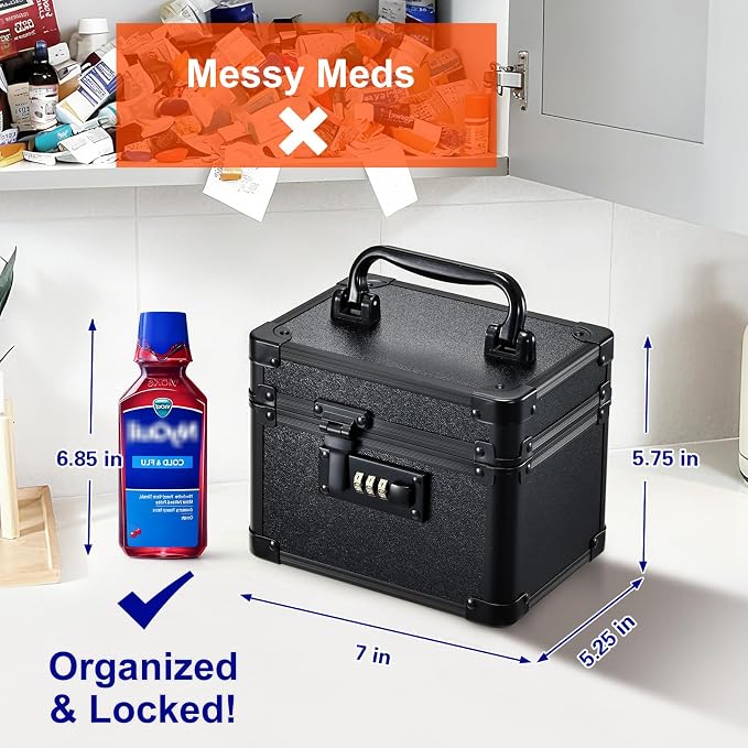 Black Medicine Lock Box - 7" Medication Lock Box & Lockable Storage Box for Personal Items - Secure Medicine Storage Box with 3-Digit Combination Lock - Aluminum Small Lock Box for Home Travel