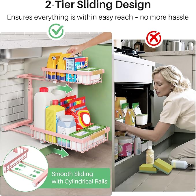 Kitstorack Under Sink Organizer, 2 Tier Under the Sink Storage, Slide out Pull out Cabinet Organizer Shelf, Metal Sliding Drawer for Kitchen Bathroom Pantry Closet Organization Rack, Pink, 1 Pack