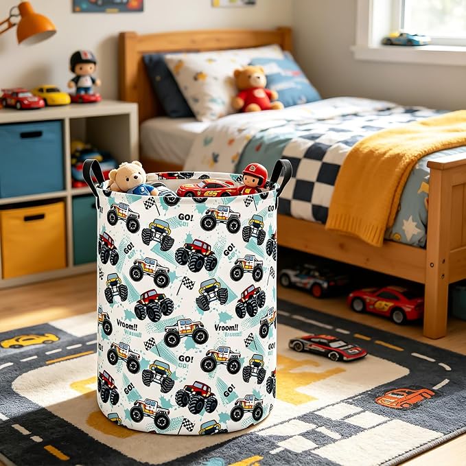 Monster Truck Fabric Storage Bin Nursery Organizer Basket | Organizer Bin Dirty Clothes Collapsible Waterproof for College Dorms, Boys and Girls Bedroom,Bathroom