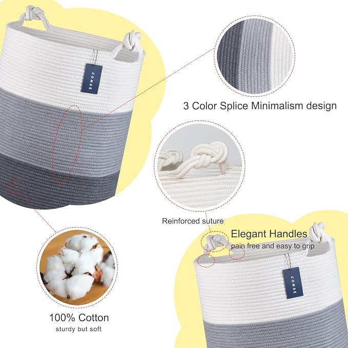 COMSE Laundry Hamper, Extra Large 15.7"x 21.7", Cotton Rope Basket, Portable, White & Light Gray & Dark Gray | 15.7”x 21.7”, Cotton Rope, Large Nursery Hamper for Storage of Toys Clothes Towels, Great for Living Rooms Bedrooms Bathrooms