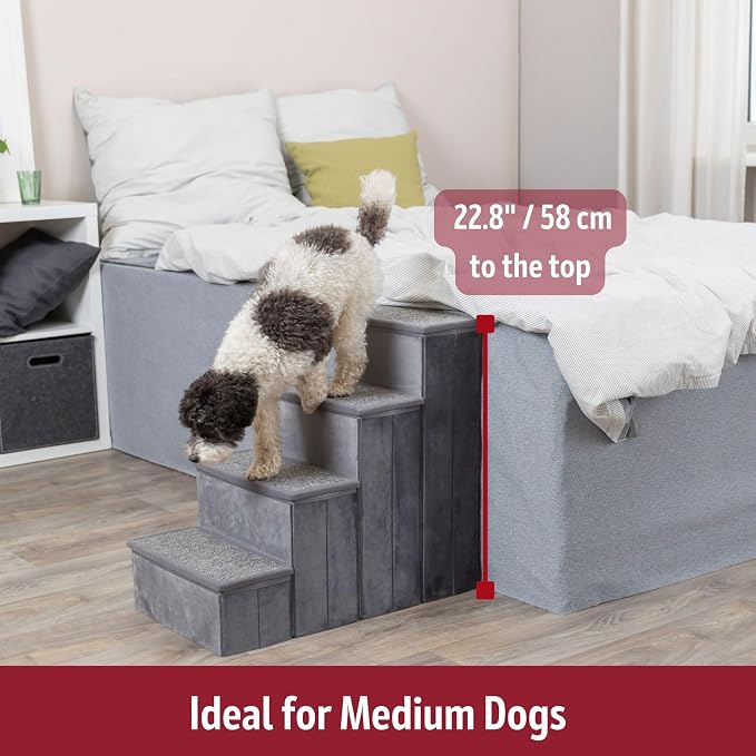 TRIXIE 4-Step Velour Pet Stairs, Gray | Collapsible, Storage Compartments for Pet Toys, Ideal for Dogs and Cats