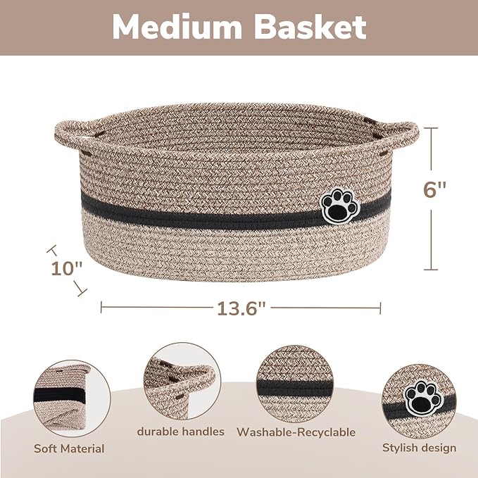 Medium Woven Rope Dog Toy Basket with Paw Print, Brown Mixed | 13.6"x 10" x 6", Dog Toy Bin & Box With Handles, Gift Basket for Pet Cat, Storage Basket for Baby Shower, Closet, Living Room