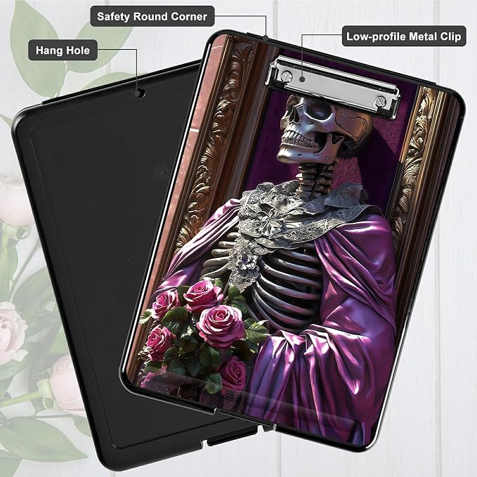 Heavy Duty Storage Clipboard, Slim Nursing Clipboard with Internal Pen Case, Portable File Organizer Case for A4 Letter Size Paper Office Medical Professionals, Purple Clothes Skull