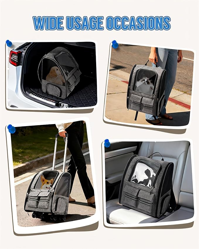 Rolling Pet Carrier with Wheels, Polyester, Soft-Sided Collapsible, Large, Travel, with Telescopic Handle and Folding Bowl (Purple Wheeled Carrier Set)