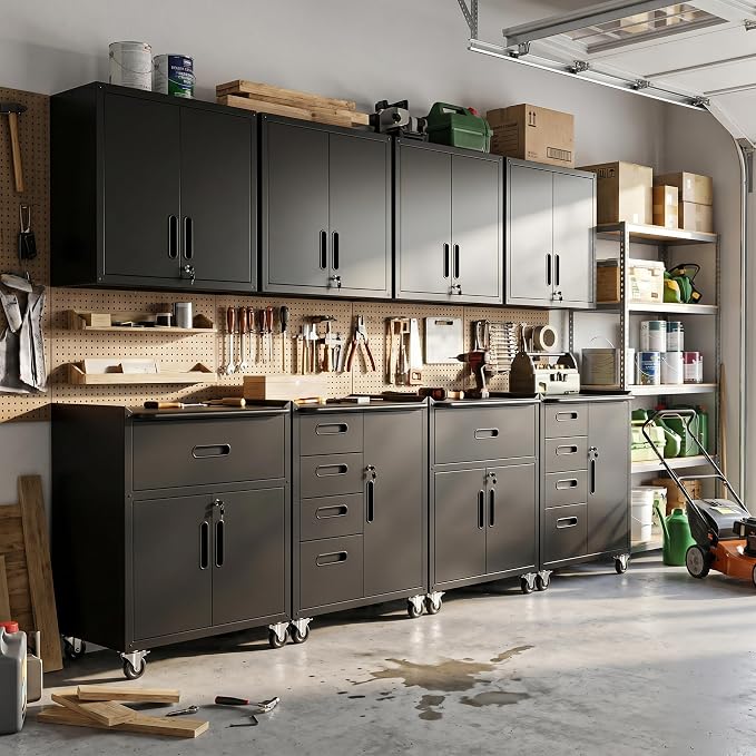 Garage Cabinet System | Heavy Duty Steel All-in-One Modular Garage Cabinet Set for Ultimate Workshop Organization | Easy Assembly Garage Storage Cabinets & Tool Bench