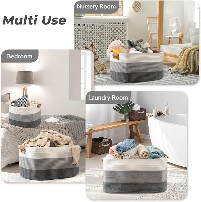danpinera Rectangle Blanket Storage Basket, 50L Large Decorative Basket Living Room, Storage Bin with Handle, Woven Rope Hamper for Toy Organizing & Laundry, 18.11’’*14.17’’*11.81’’ Gradient Grey