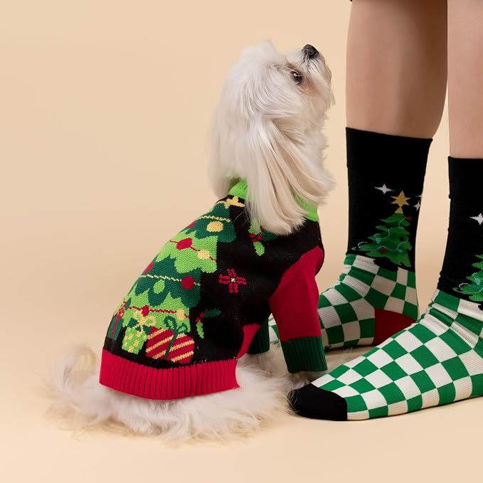 Fitwarm Christmas Tree Dog Sweater, Thermal Dog Winter Clothes for Small Dogs Boy Girl, Cozy Dog Christmas Outfit, Doggy Pullover Jumper, Holiday Pet Apparel, Black, Red, Green, Yellow, XXL