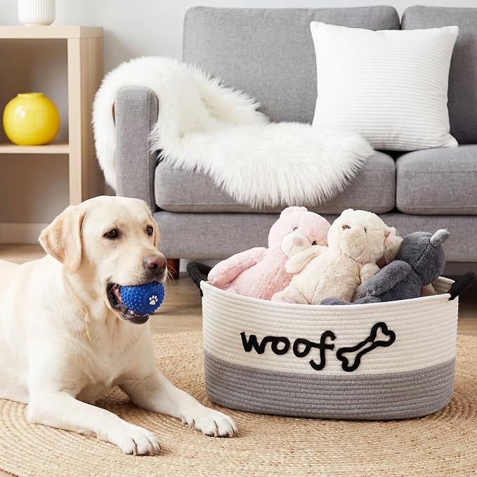 Zhehao Dog Woven Toy Basket with Handles, 19 x 11 x 9 in, White Gray | Cotton Rope Dog Toy Storage Bin, Pet Basket with Woof Bone Embroidery, for Puppy Bone & Blankets