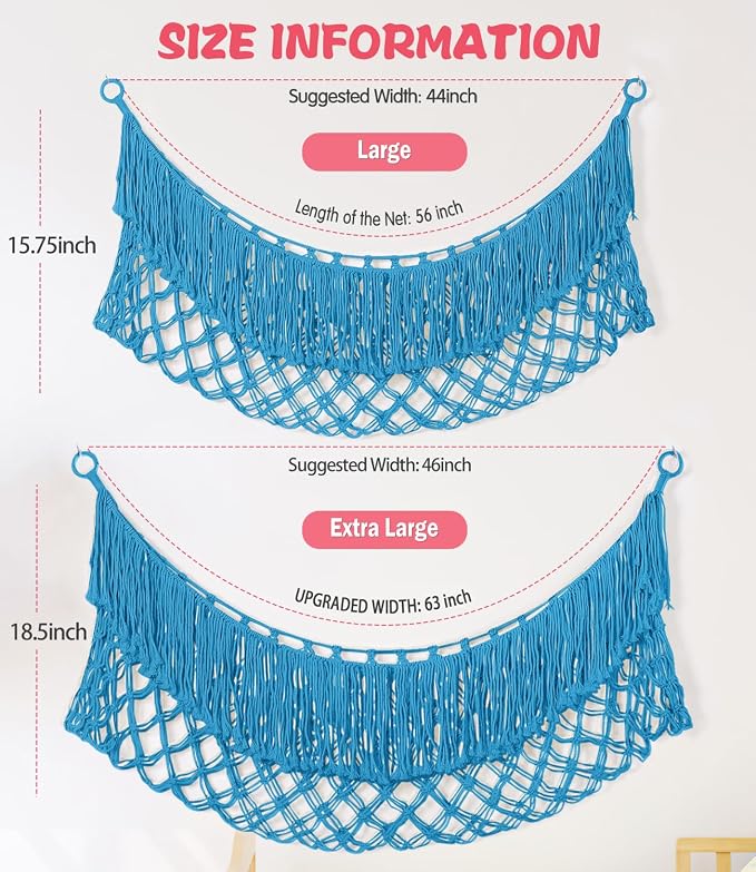 Stuffed Animal Hammock - Extra Large 63'' Long (Peacock blue) | Premium Cotton Hand-knitted, Beautiful Long Tassel, Storage Hanging Organizer, Can Fit Stuffed Animals 40 Piece or More